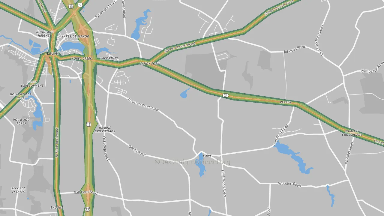 Lake Pines, DE Map of Noise Levels in Lake Pines