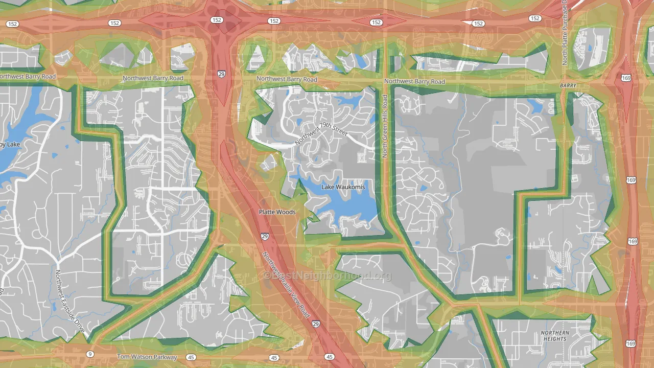 Lake Waukomis, MO Map of Noise Levels in Lake Waukomis