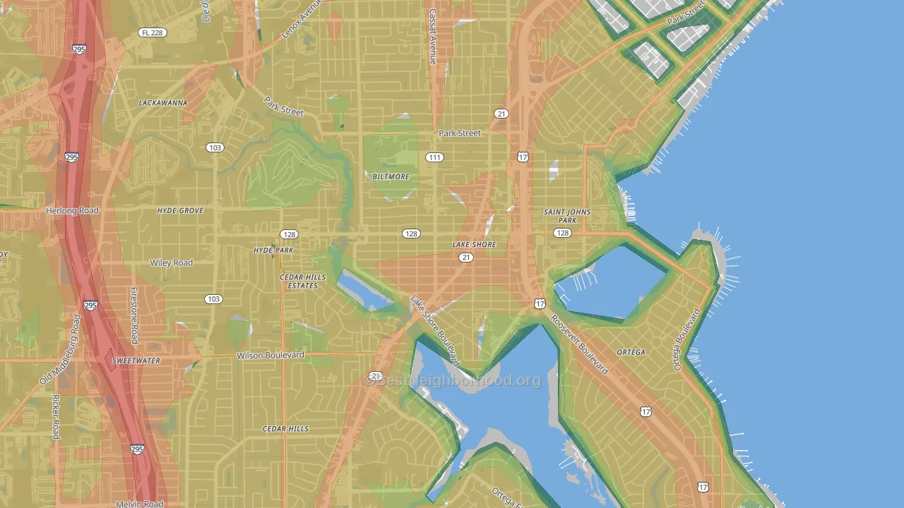 Lakeshore, Jacksonville, FL Map of Noise Levels in Lakeshore