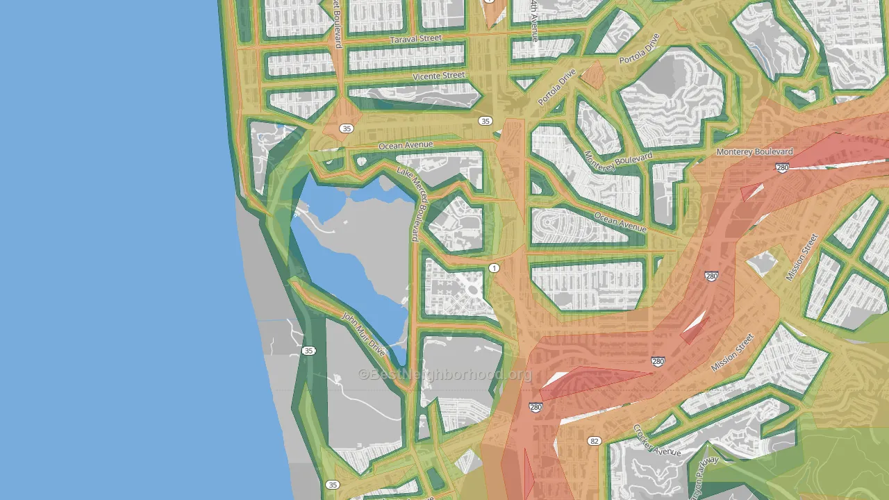 Lakeshore, San Francisco, CA Map of Noise Levels in Lakeshore