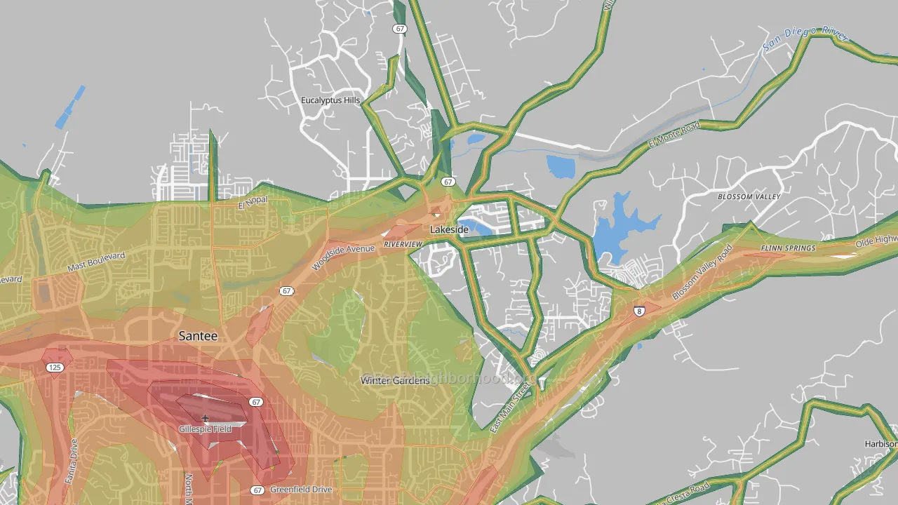 Lakeside, CA Map of Noise Levels in Lakeside