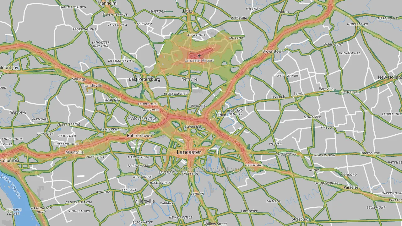Lancaster County, PA Map of Noise Levels in Lancaster County