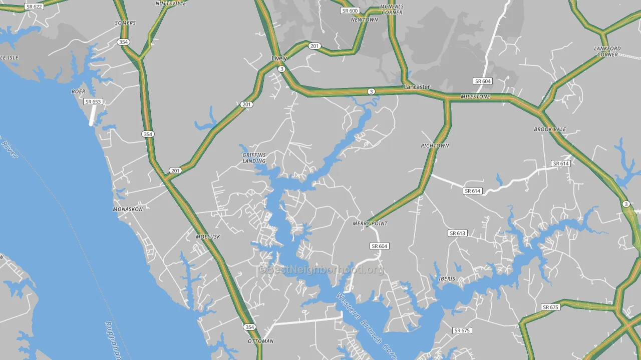 Lancaster, VA Map of Noise Levels in Lancaster