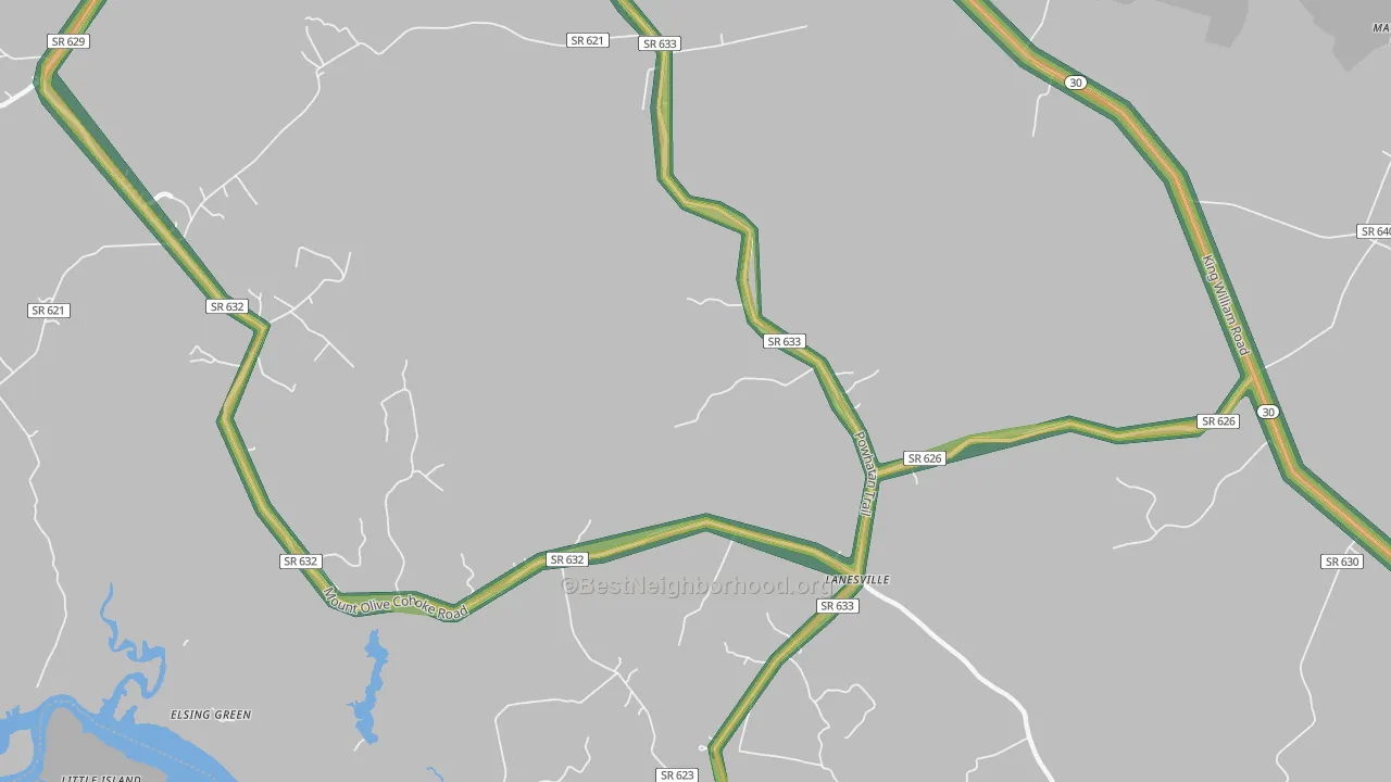 Lanesville, VA Map of Noise Levels in Lanesville
