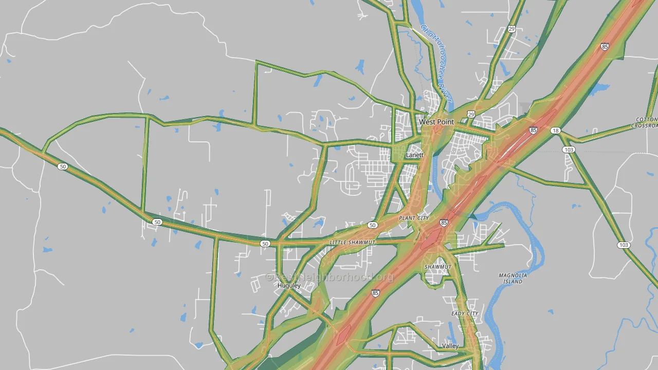 Lanett, AL Map of Noise Levels in Lanett