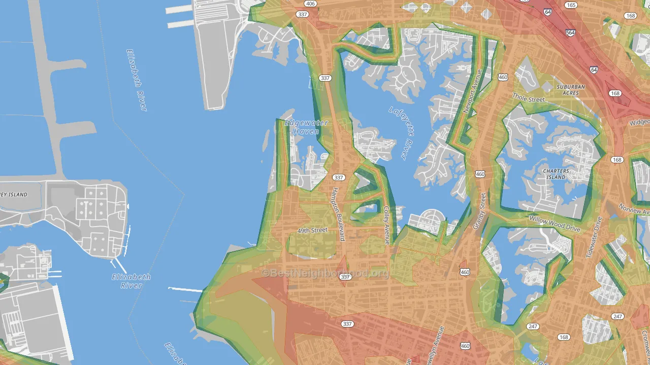Larchmont-Edgewater, Norfolk, VA Map of Noise Levels in Larchmont-Edgewater