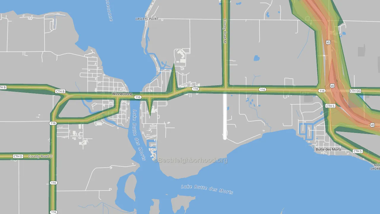 Lasleys Point, WI Map of Noise Levels in Lasleys Point