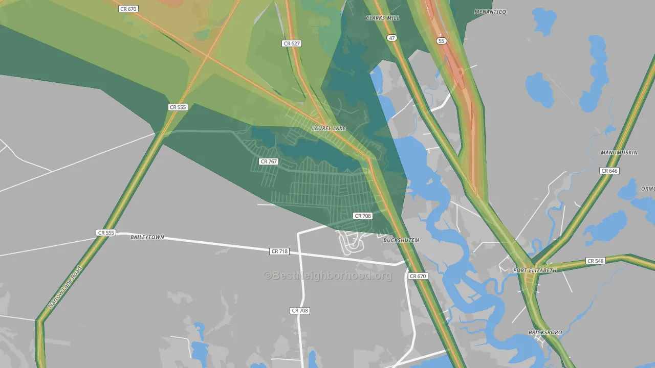 Laurel Lake, NJ Map of Noise Levels in Laurel Lake