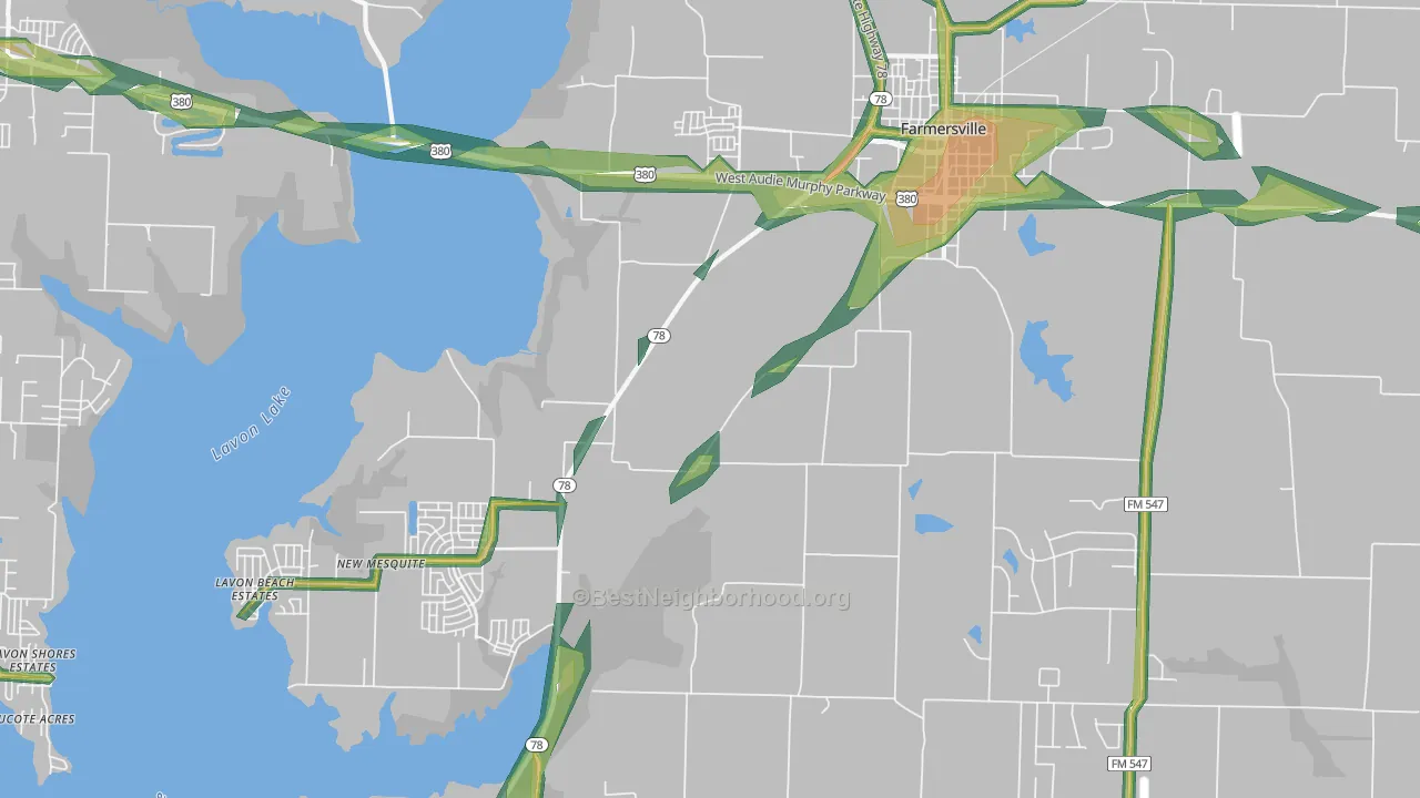Lavon Beach Estates, TX Map of Noise Levels in Lavon Beach Estates