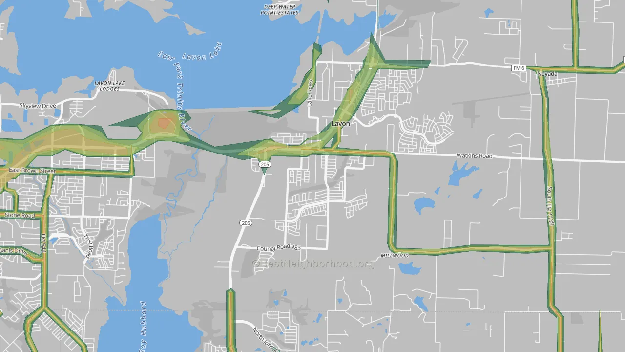 Lavon, TX Map of Noise Levels in Lavon