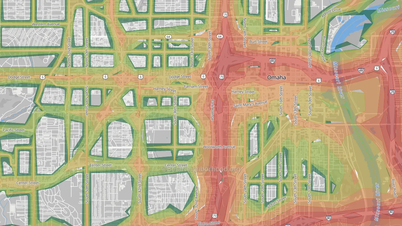 Leavenworth, Omaha, NE Map of Noise Levels in Leavenworth