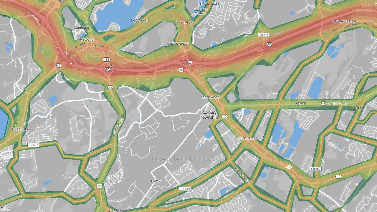 Ledgewood, NJ Map of Noise Levels in Ledgewood