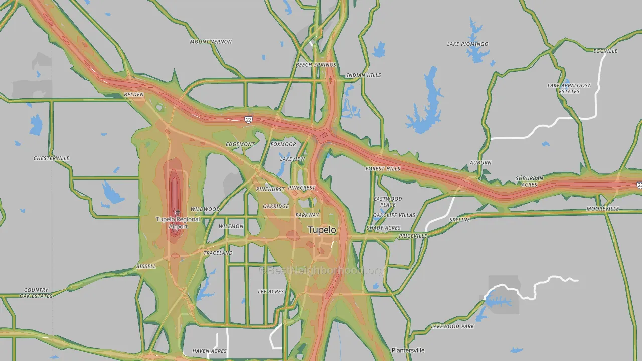 Lee County, MS Map of Noise Levels in Lee County