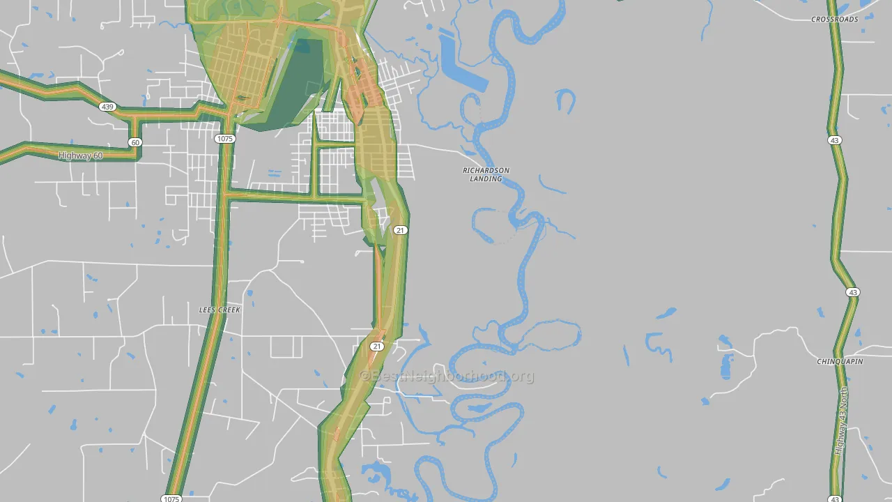 Lees Creek, LA Map of Noise Levels in Lees Creek