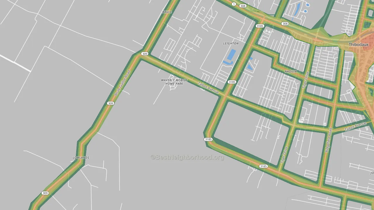 Leighton, LA Map of Noise Levels in Leighton