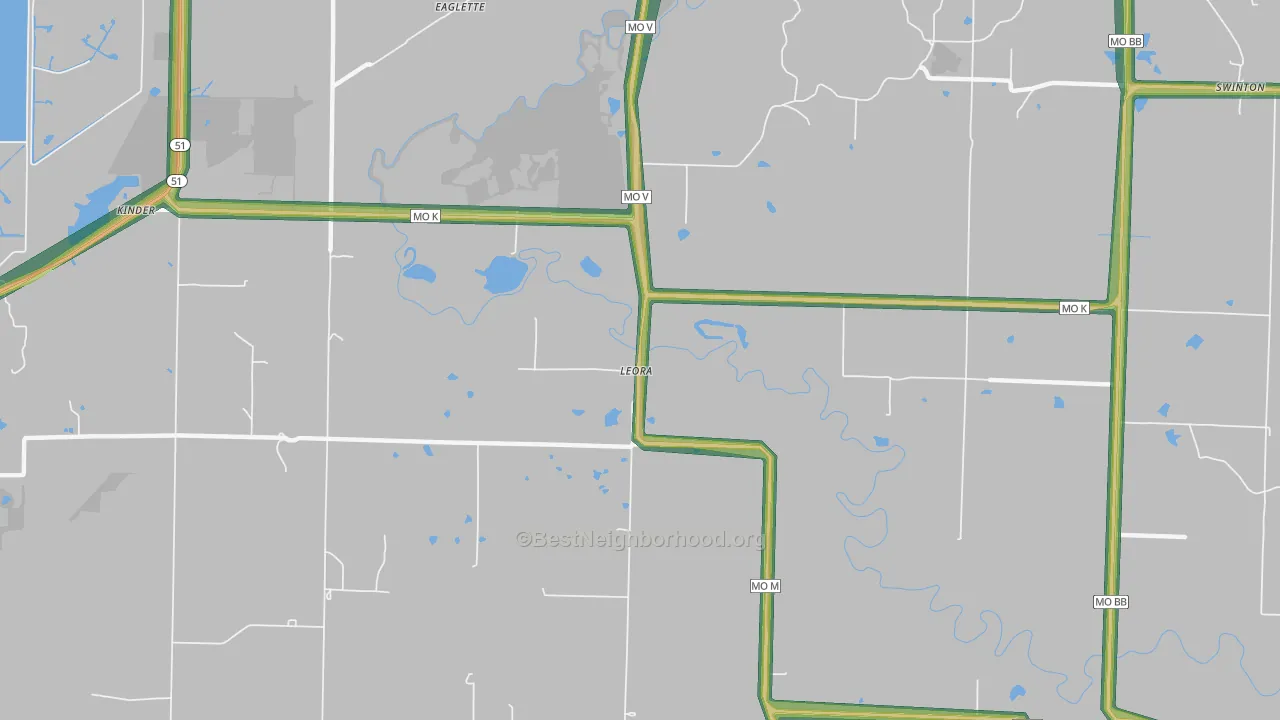 Leora, MO Map of Noise Levels in Leora