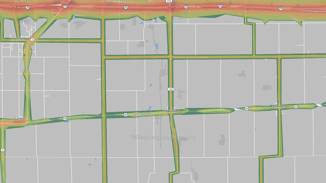Lewisville, IN Map of Noise Levels in Lewisville