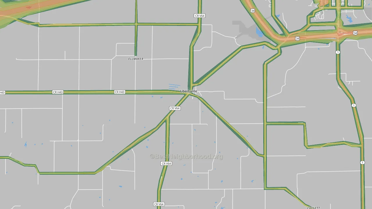 Libertyville, IA Map of Noise Levels in Libertyville