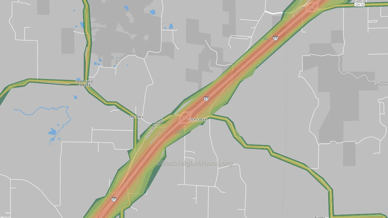 Lick Creek, IL Map of Noise Levels in Lick Creek