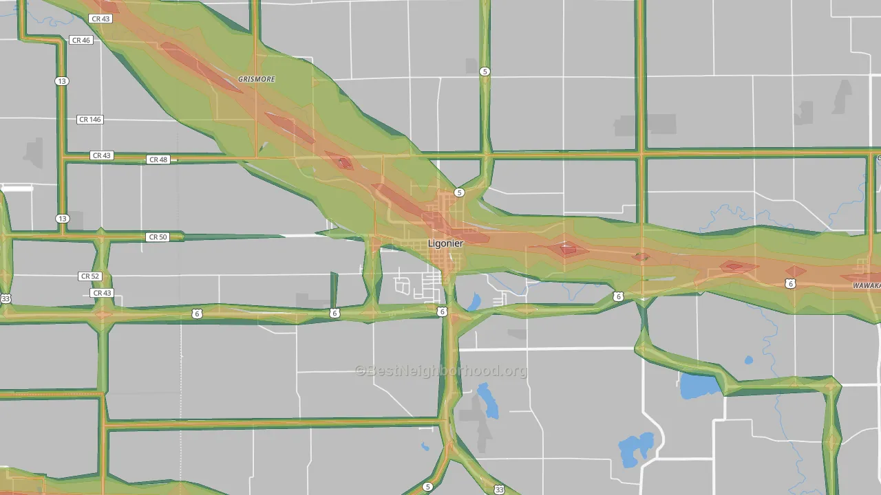 Ligonier, IN Map of Noise Levels in Ligonier