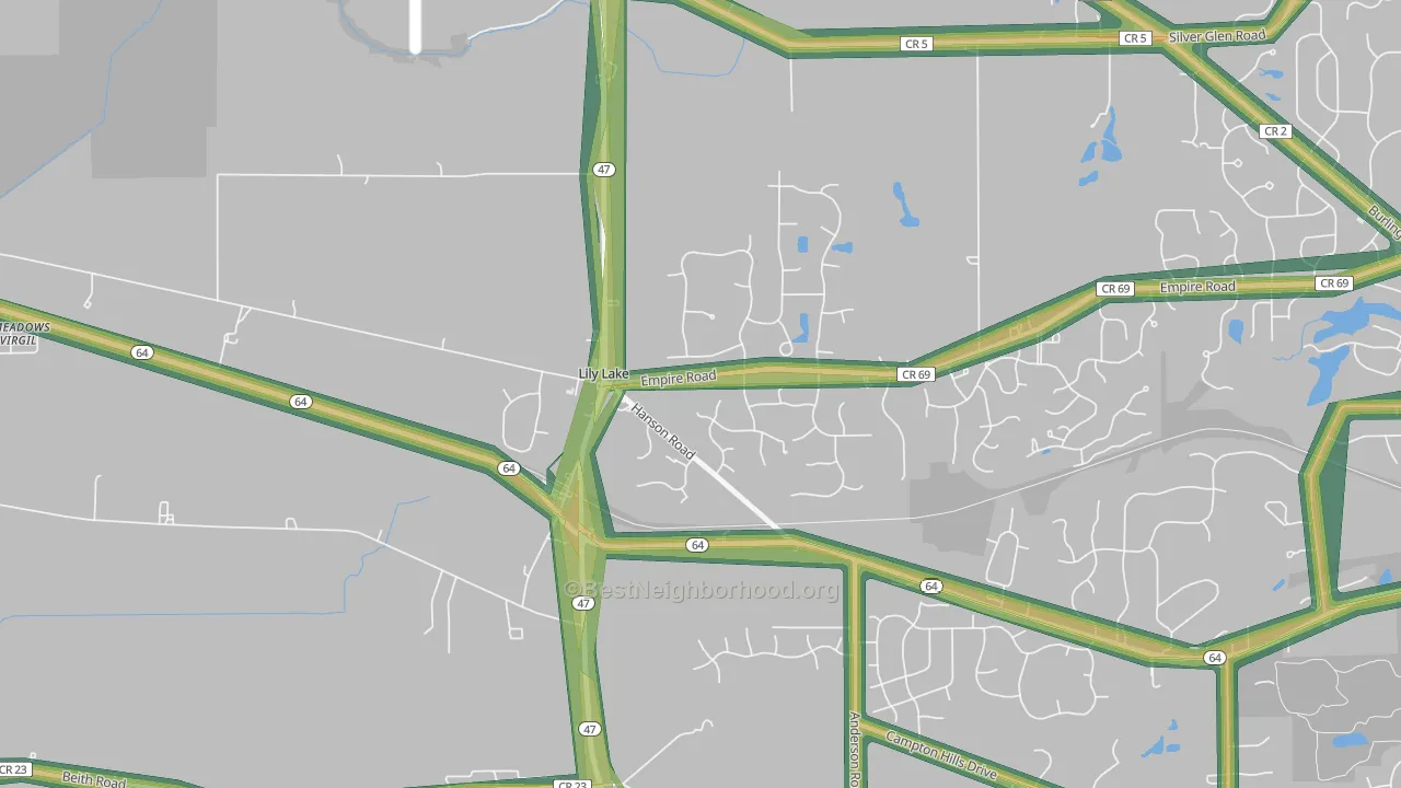 Lily Lake, IL Map of Noise Levels in Lily Lake