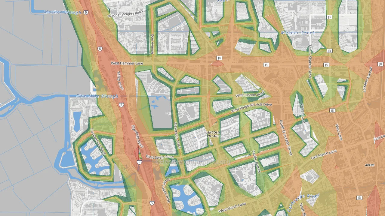 Lincoln Village Proper, Stockton, CA Map of Noise Levels in Lincoln Village Proper