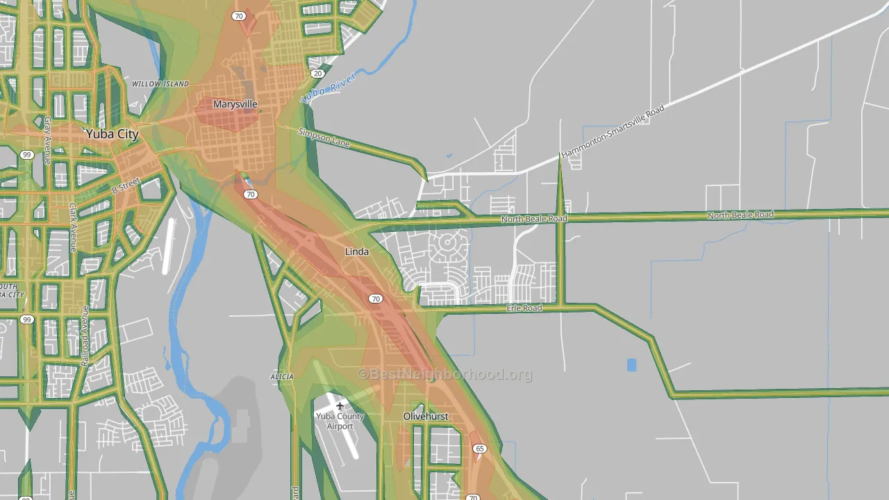 Linda, CA Map of Noise Levels in Linda
