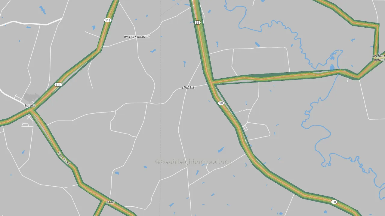 Lindell, NC Map of Noise Levels in Lindell