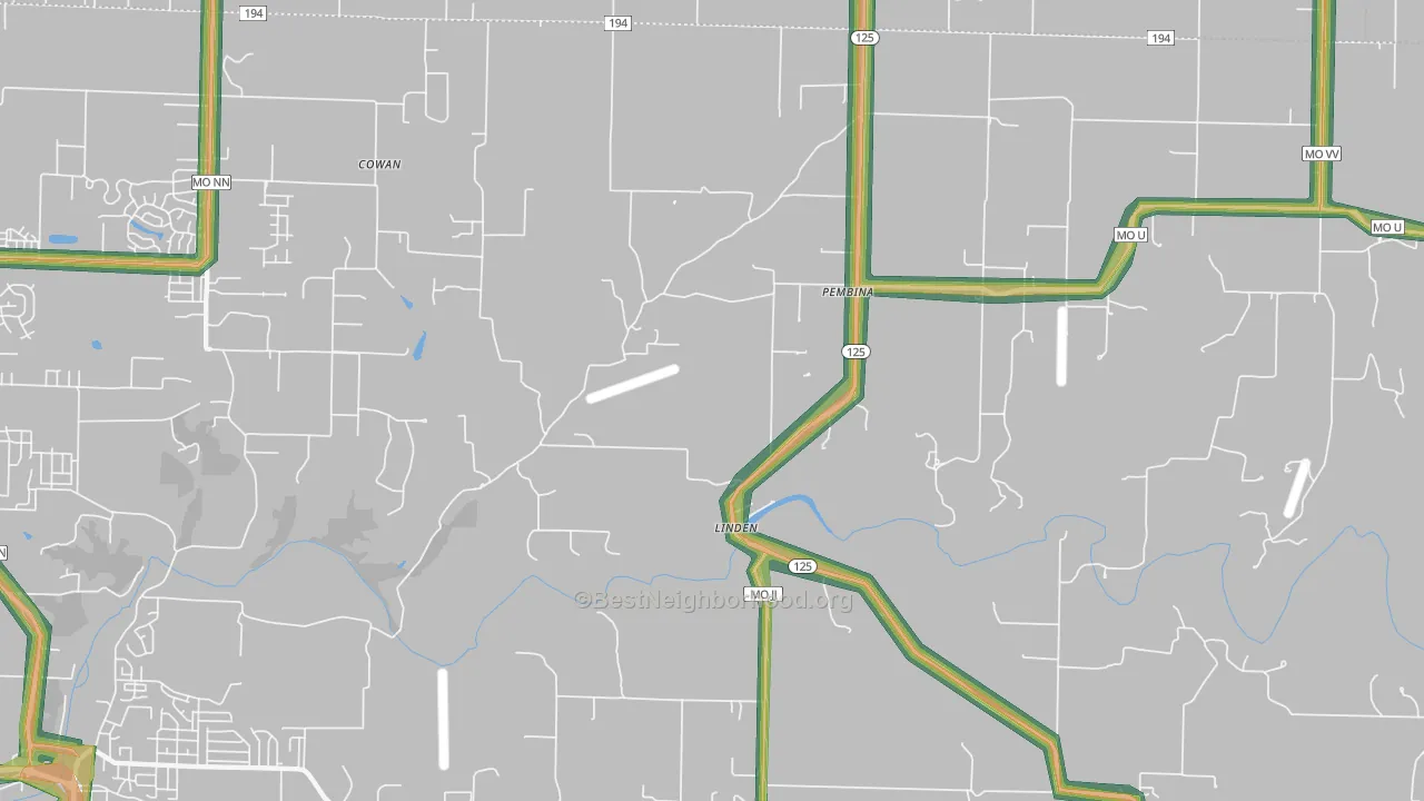 Linden, MO Map of Noise Levels in Linden