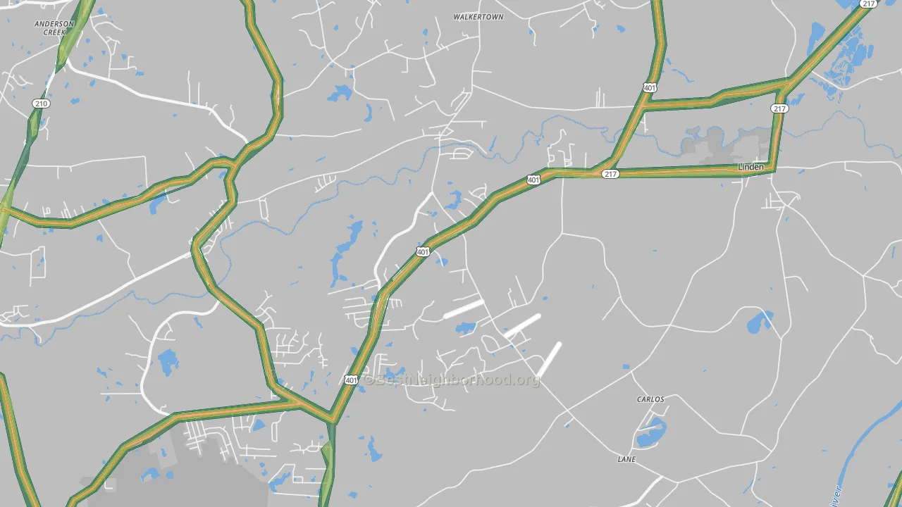 Linden, NC Map of Noise Levels in Linden