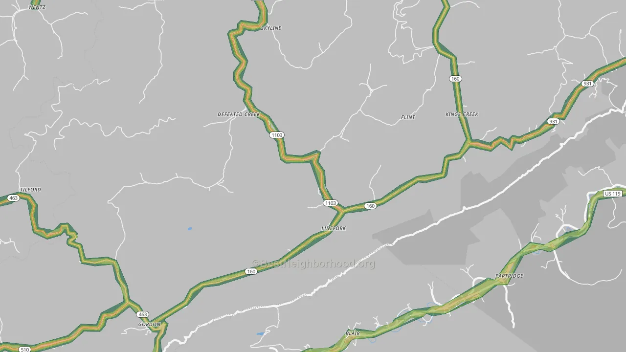 Linefork, KY Map of Noise Levels in Linefork