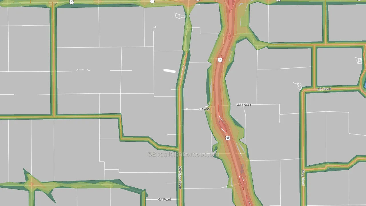 Linkville, IN Map of Noise Levels in Linkville