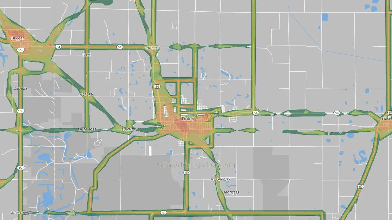 Linton, IN Map of Noise Levels in Linton