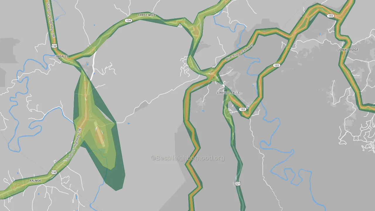 Linville Falls, NC Map of Noise Levels in Linville Falls