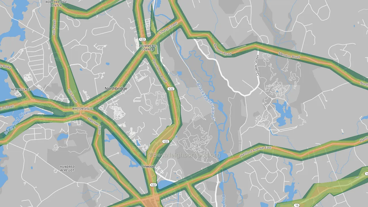 Linwood, MA Map of Noise Levels in Linwood