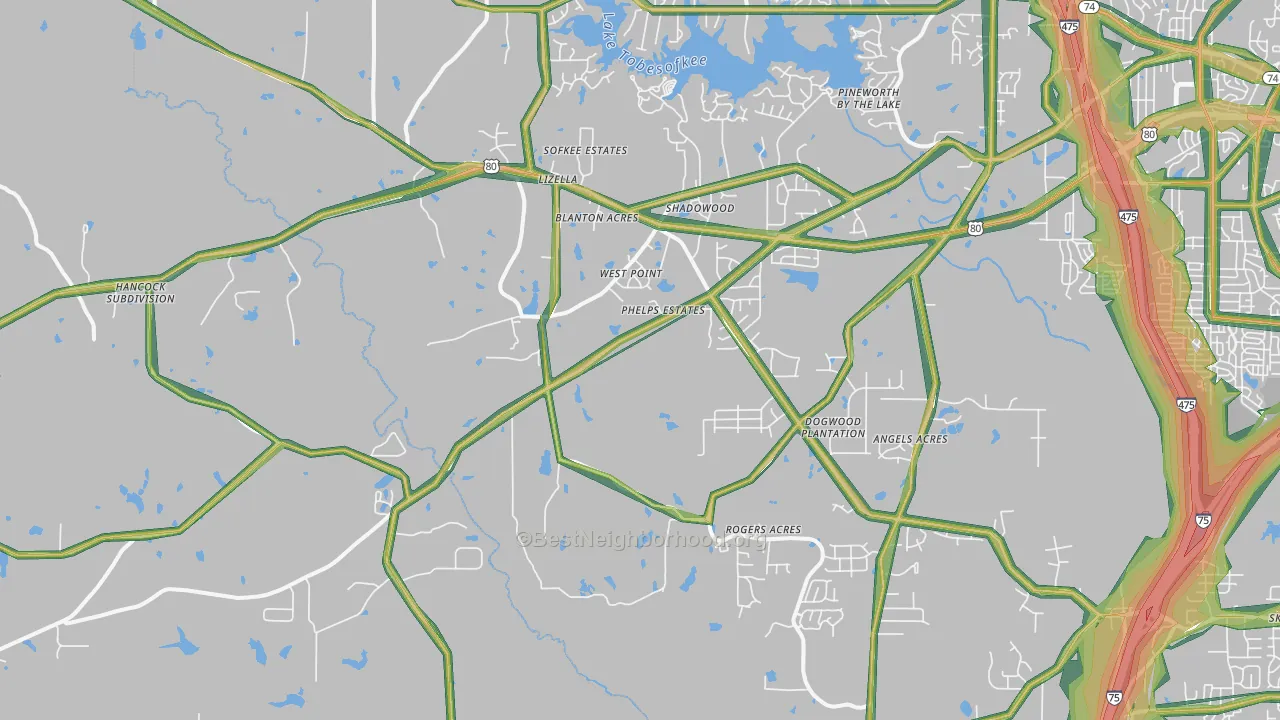 Lizella, GA Map of Noise Levels in Lizella