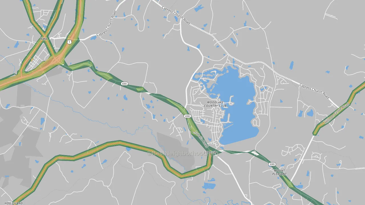 Lobelia, NC Map of Noise Levels in Lobelia