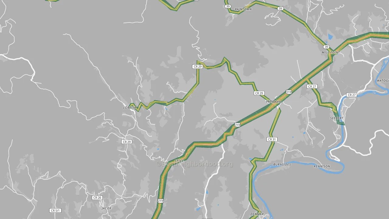 Lobelia, WV Map of Noise Levels in Lobelia