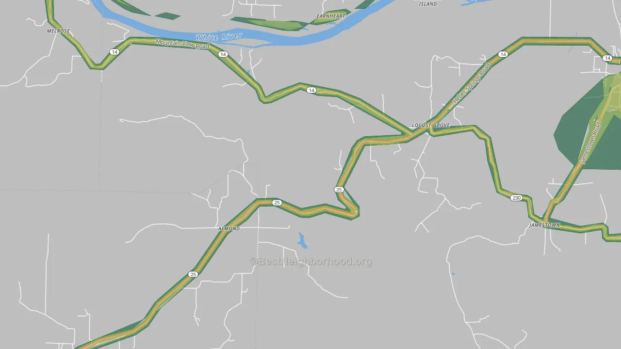 Locust Grove, AR Map of Noise Levels in Locust Grove