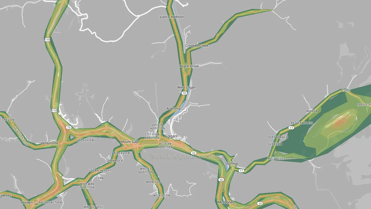 Logan, WV Map of Noise Levels in Logan