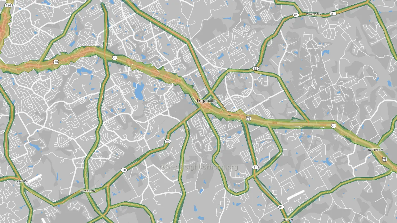 Loganville, GA Map of Noise Levels in Loganville