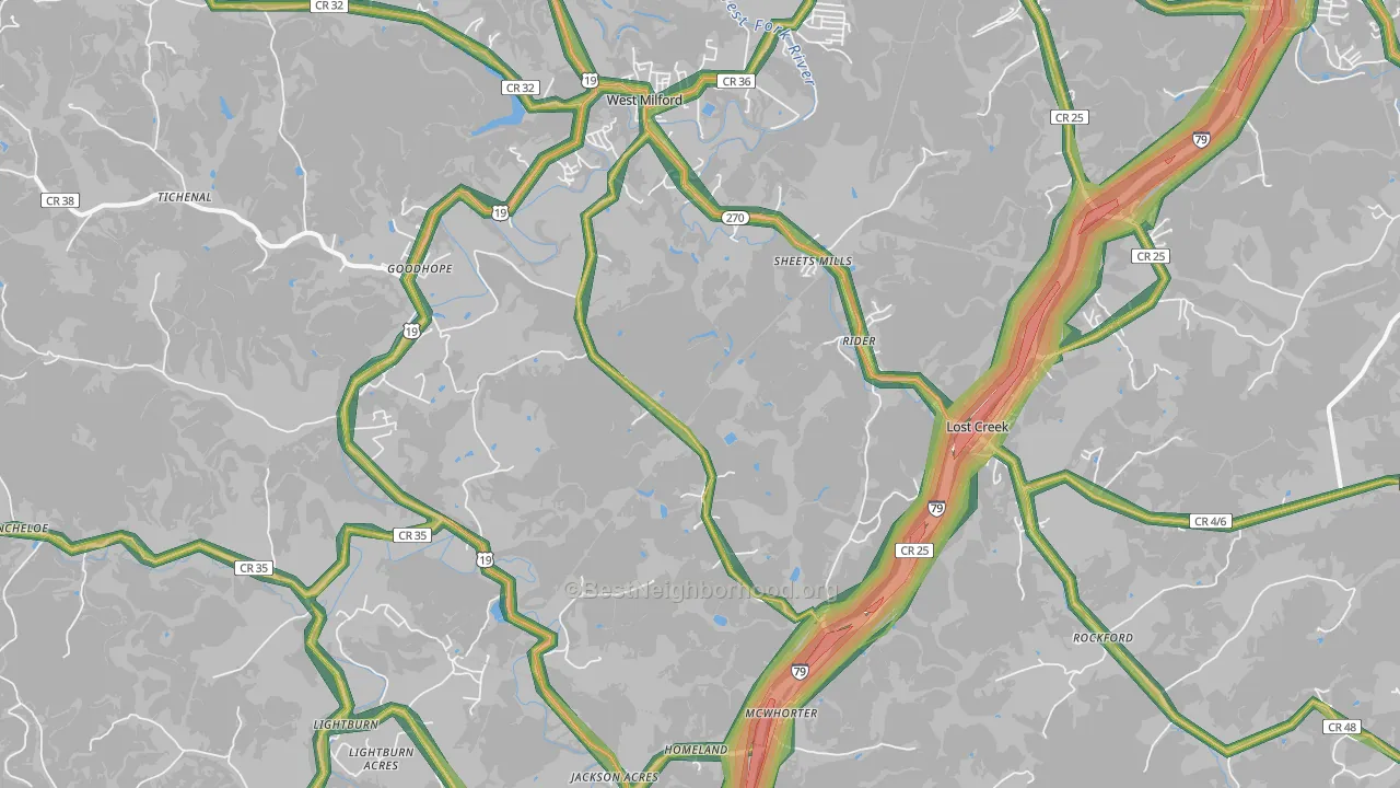 Lost Creek, WV Map of Noise Levels in Lost Creek