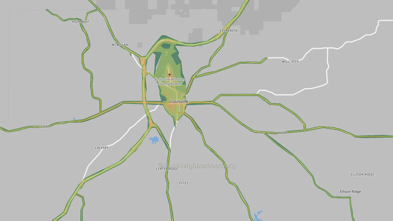 Louisville, MS Map of Noise Levels in Louisville