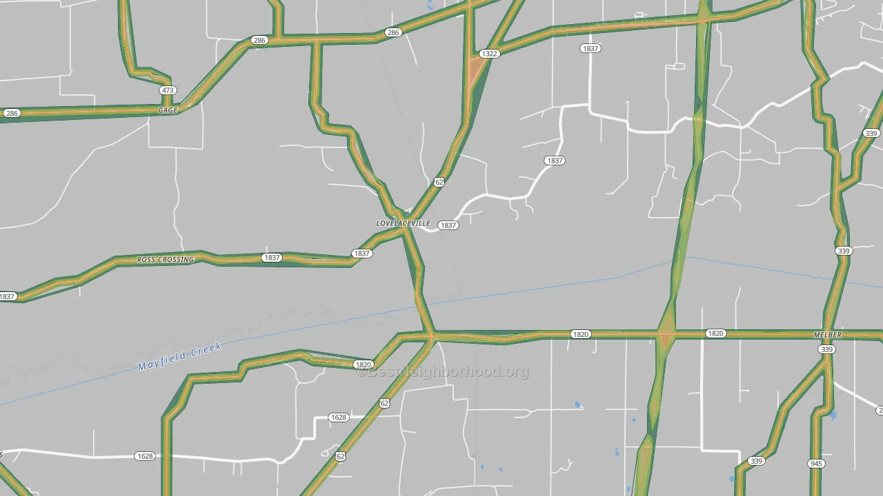 Lovelaceville, KY Map of Noise Levels in Lovelaceville