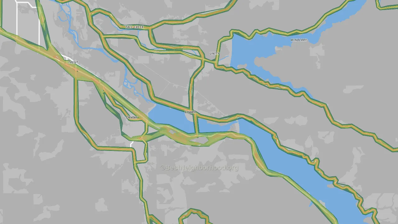 Lowell, OR Map of Noise Levels in Lowell