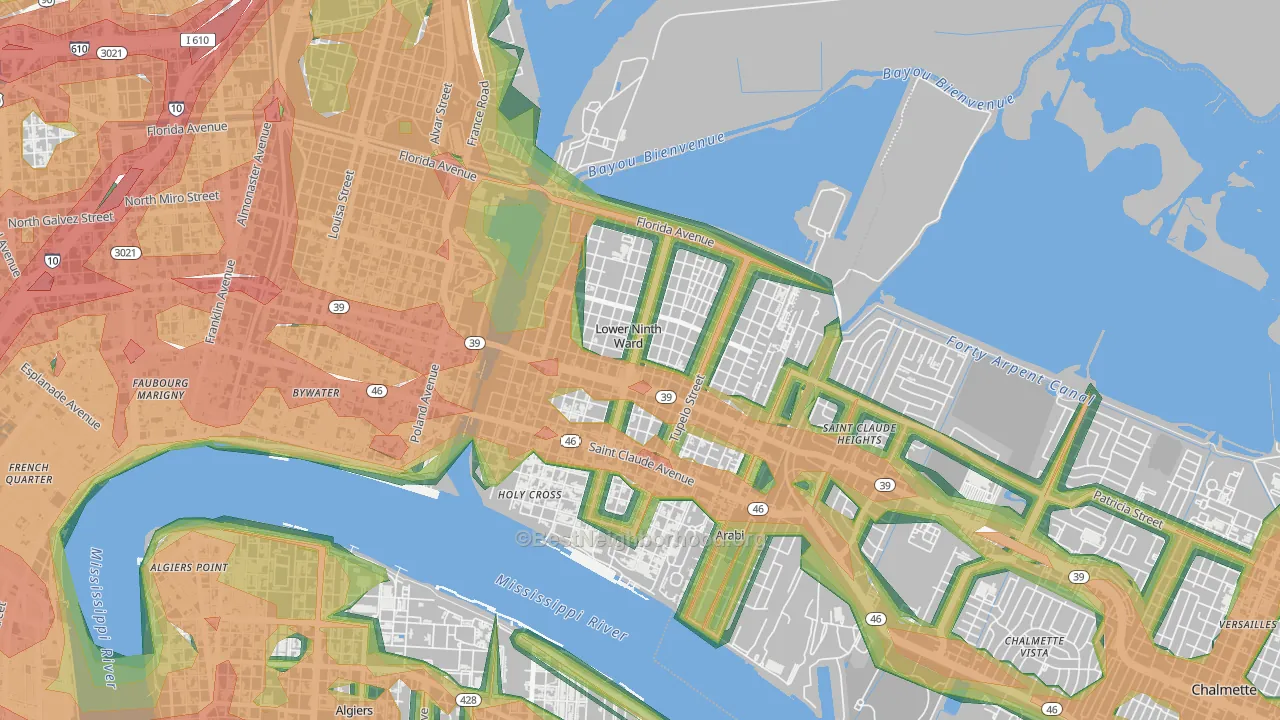 Lower 9th Ward, New Orleans, LA Map of Noise Levels in Lower 9th Ward