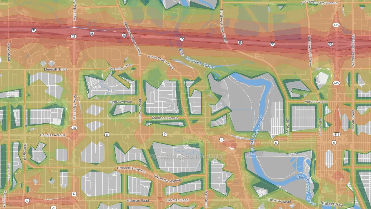 Lower Beaver, Des Moines, IA Map of Noise Levels in Lower Beaver
