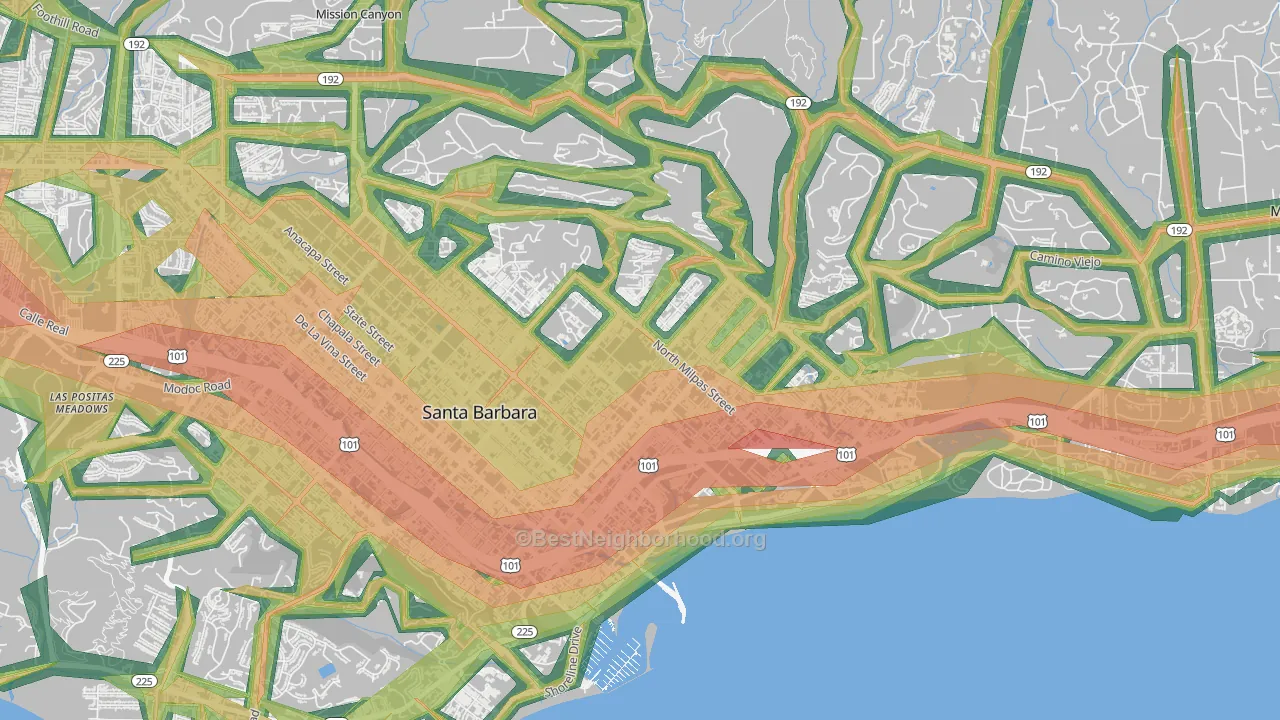 Lower East, Santa Barbara, CA Map of Noise Levels in Lower East