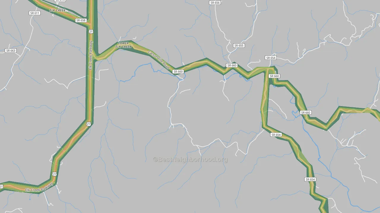 Lower Elk Creek, VA Map of Noise Levels in Lower Elk Creek