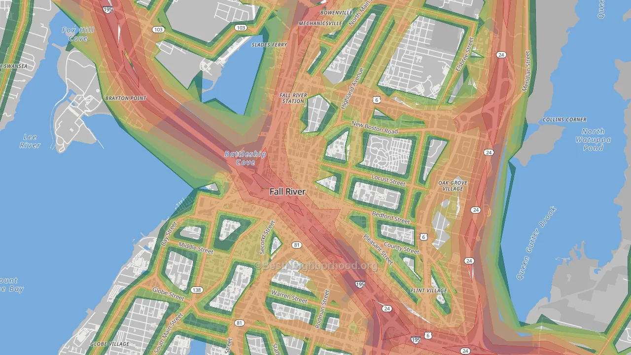 Lower Highlands, Fall River, MA Map of Noise Levels in Lower Highlands